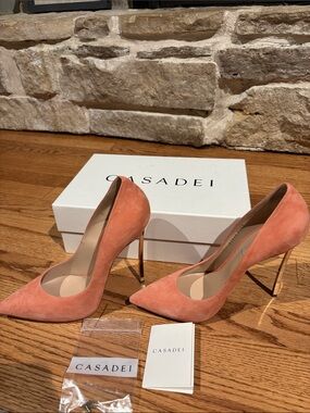 Casadei Coral Suede Pointed-Toe Stiletto Pumps with Gold Heel